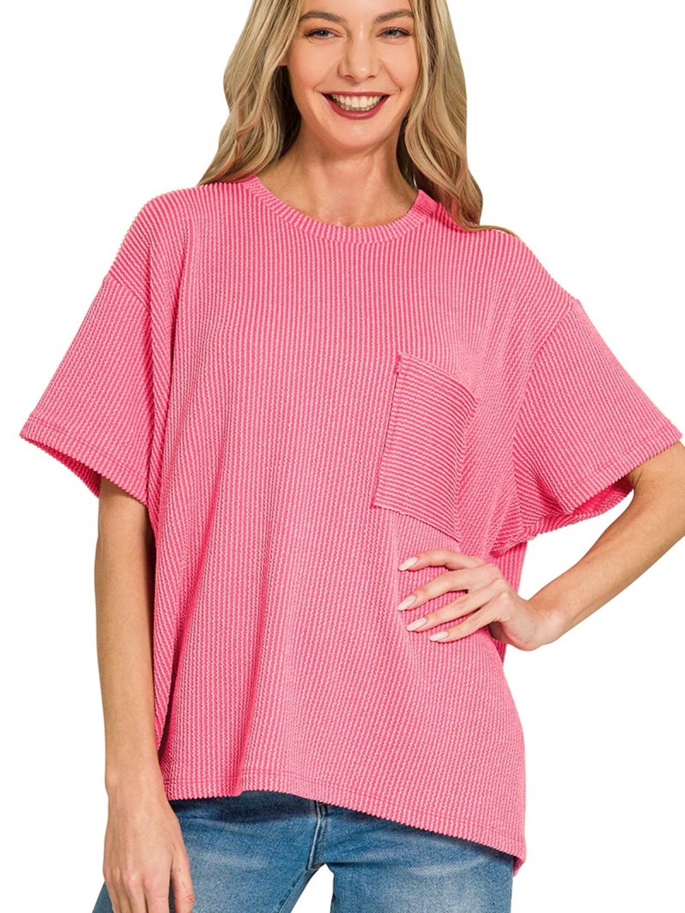 Zenana Raised Rib Front Pocket T-Shirt oversized fit women's size S/M fuchsia